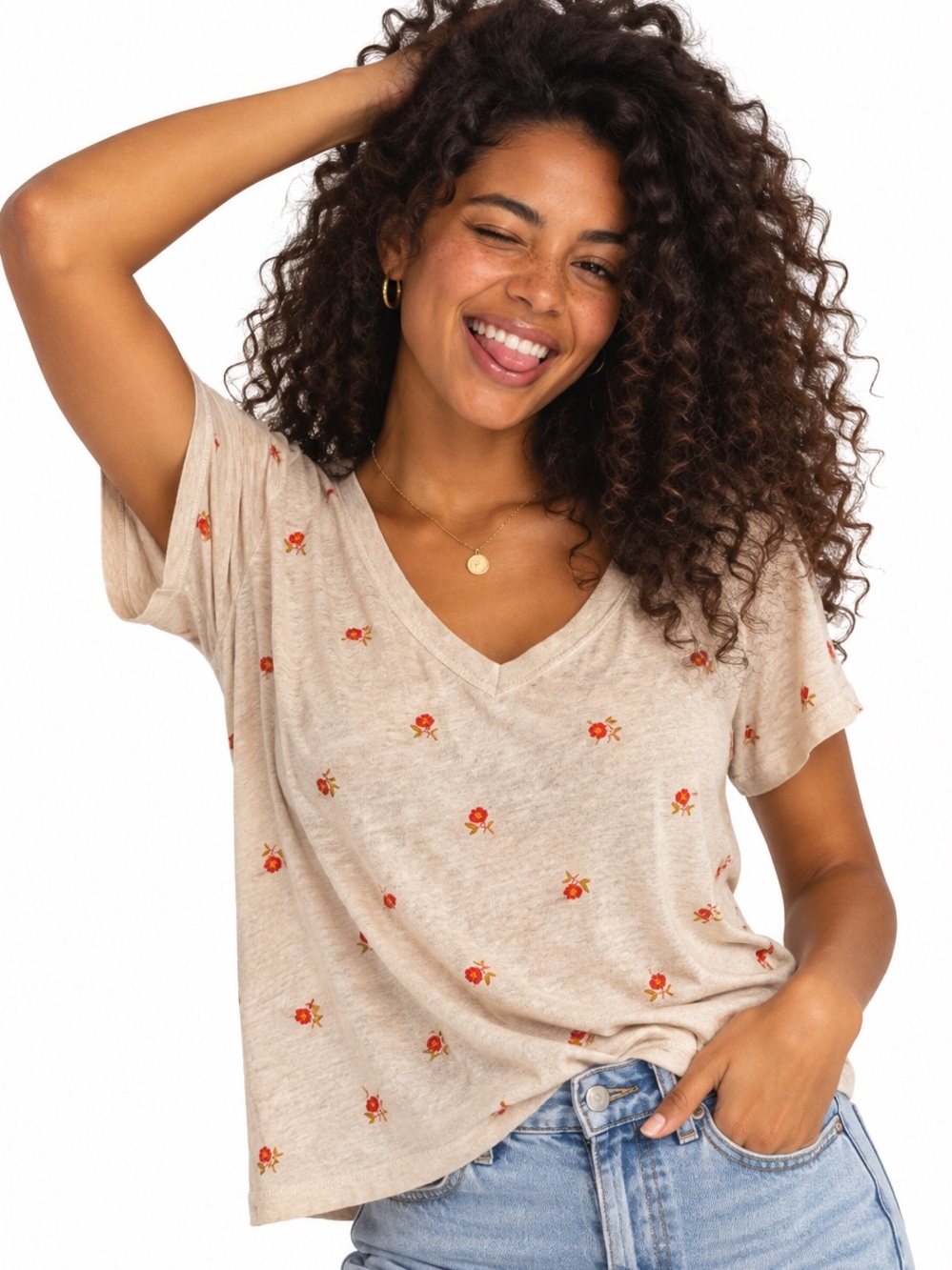 💗5 for $25💗 Old Navy Beige V-Neck Tee with Small Red Floral Print